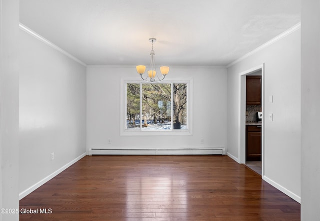 unfurnished dining area featuring crown molding, dark wood-type flooring, baseboards, a notable chandelier, and a baseboard radiator