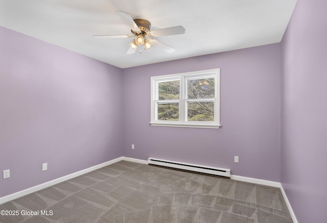 carpeted spare room with a ceiling fan, baseboards, and baseboard heating