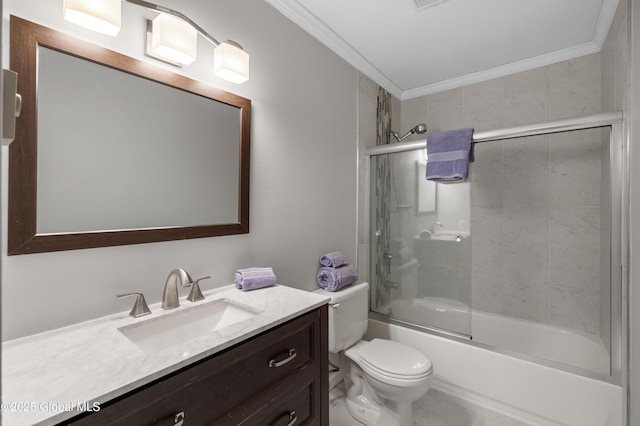 bathroom with visible vents, crown molding, toilet, enclosed tub / shower combo, and vanity