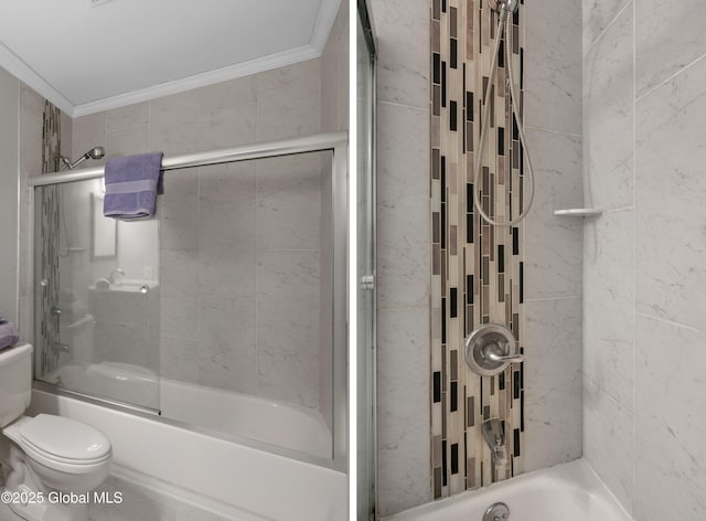 bathroom with toilet, crown molding, and shower / bath combination with glass door