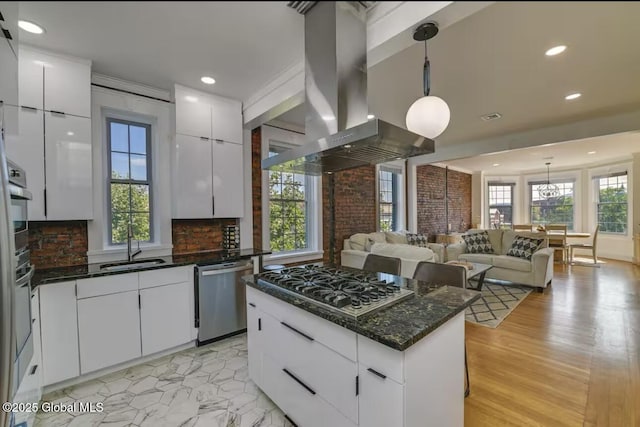 kitchen featuring a sink, a healthy amount of sunlight, island exhaust hood, and stainless steel appliances