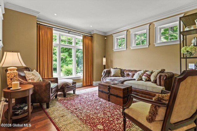 living area featuring dark wood finished floors, a wealth of natural light, and ornamental molding