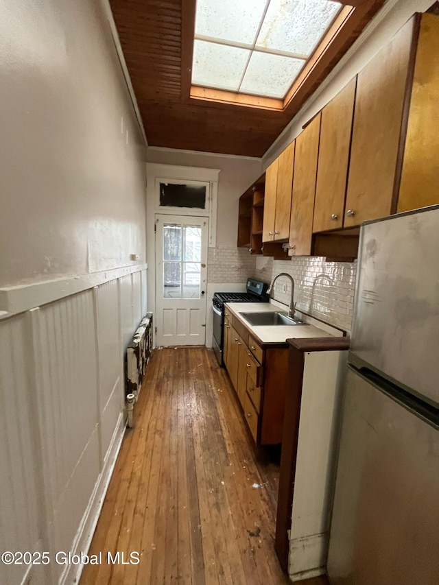 kitchen with hardwood / wood-style floors, a skylight, a sink, appliances with stainless steel finishes, and wainscoting