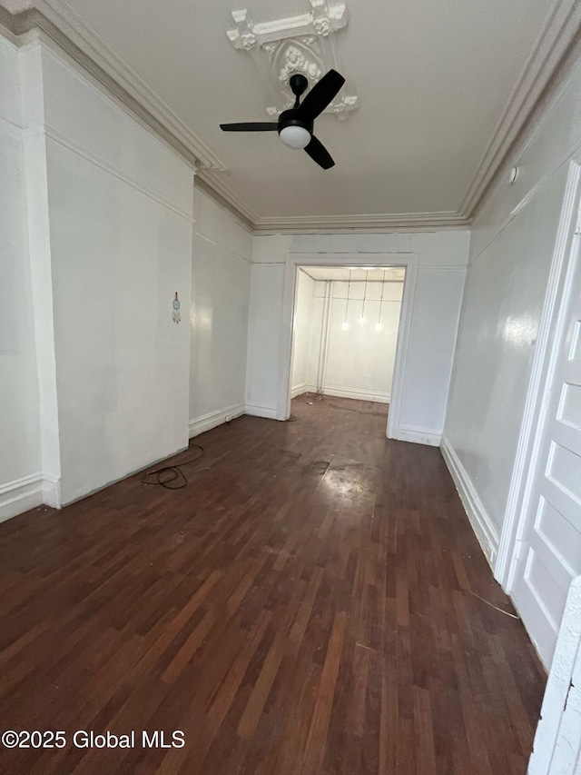 interior space featuring a ceiling fan, dark wood finished floors, and crown molding