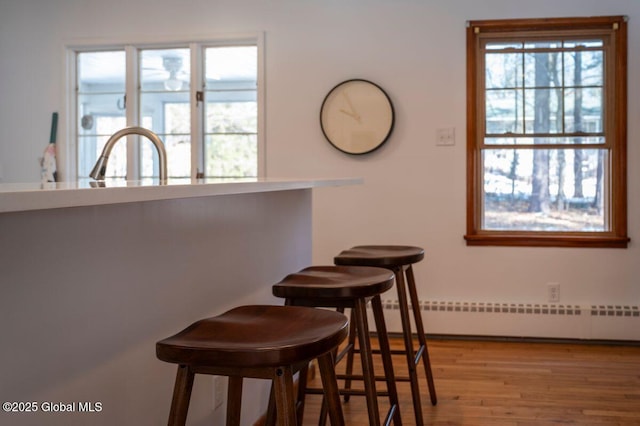 dining space featuring baseboard heating and wood finished floors