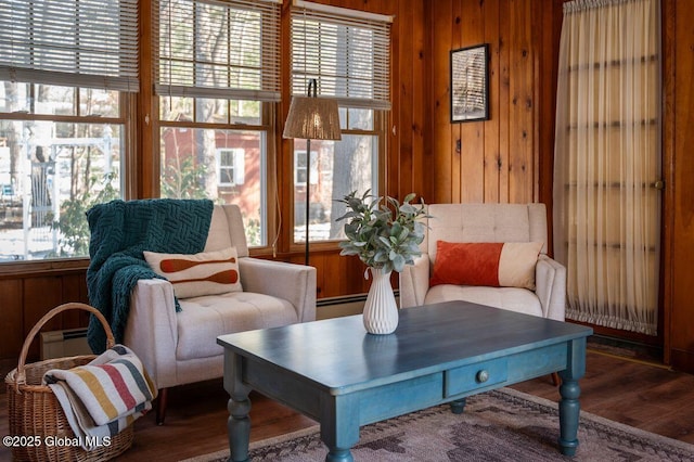 living area with wood finished floors, wood walls, and a wealth of natural light