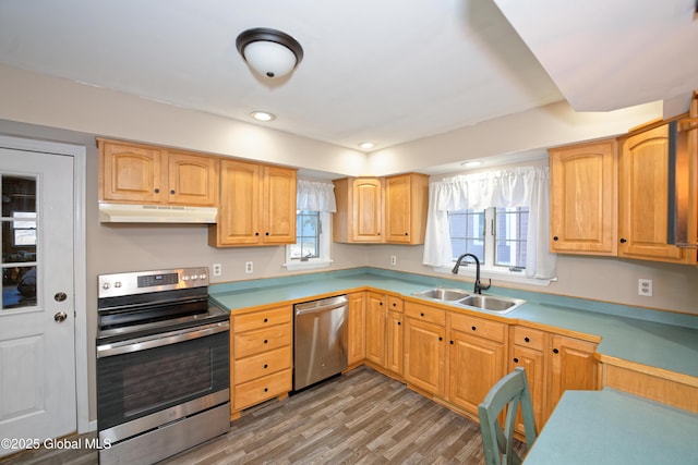 kitchen with light wood-type flooring, under cabinet range hood, a sink, stainless steel appliances, and light countertops