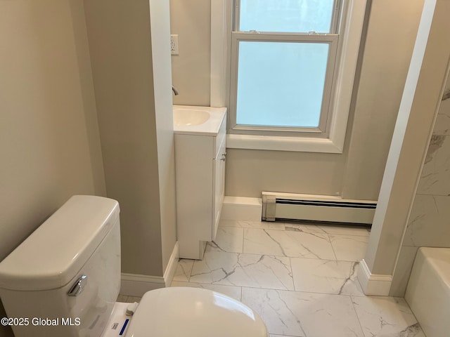 full bath with a baseboard heating unit, baseboards, toilet, and marble finish floor