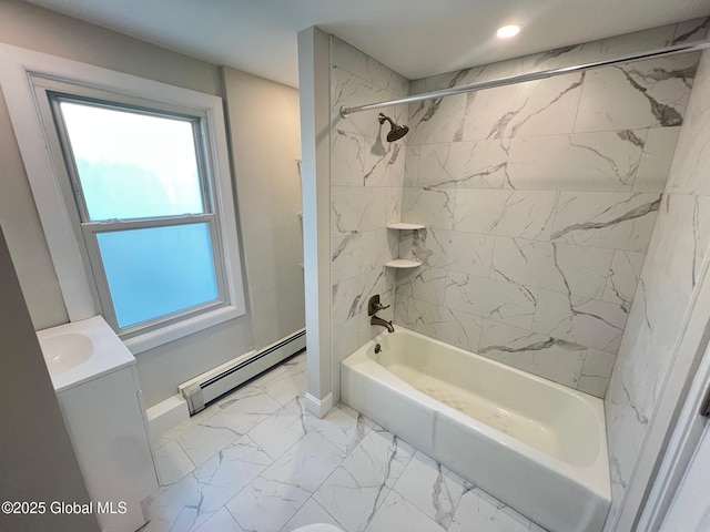 bathroom featuring baseboards, a baseboard radiator, recessed lighting, bathtub / shower combination, and marble finish floor