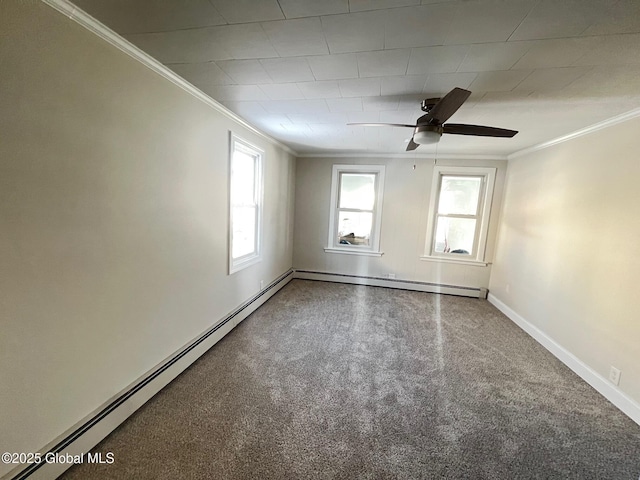 carpeted empty room featuring crown molding, a healthy amount of sunlight, baseboard heating, and ceiling fan