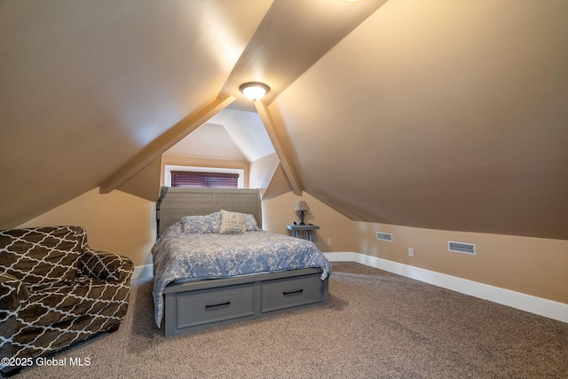 carpeted bedroom featuring visible vents, baseboards, and vaulted ceiling