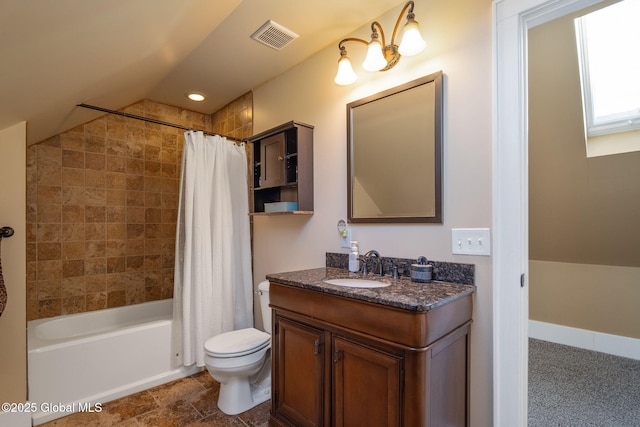 bathroom with visible vents, toilet, vaulted ceiling, shower / bath combination with curtain, and vanity