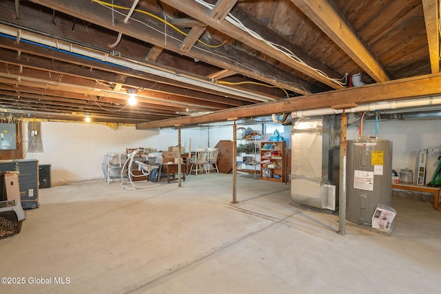 unfinished basement featuring electric panel, heating unit, and water heater