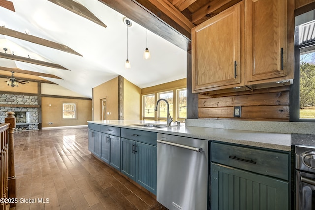 kitchen featuring a sink, vaulted ceiling with beams, dishwasher, ceiling fan, and dark wood-style flooring
