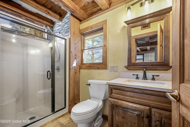 full bath featuring vanity, a stall shower, wood ceiling, beamed ceiling, and toilet