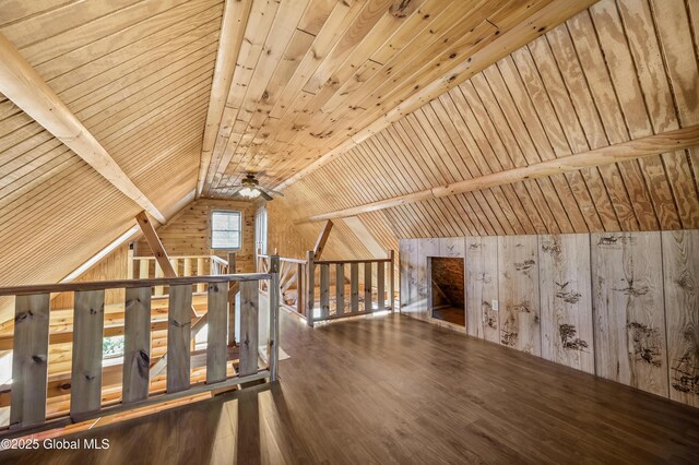 bonus room featuring a ceiling fan, wood finished floors, wooden walls, lofted ceiling, and wood ceiling