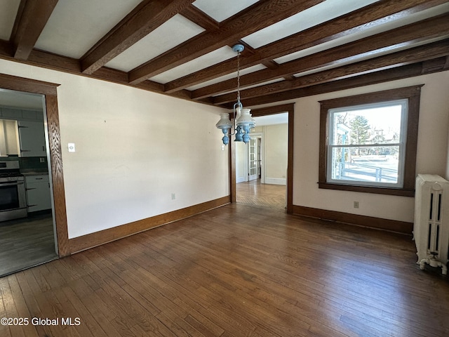 interior space featuring a notable chandelier, beamed ceiling, radiator, and dark wood-style flooring