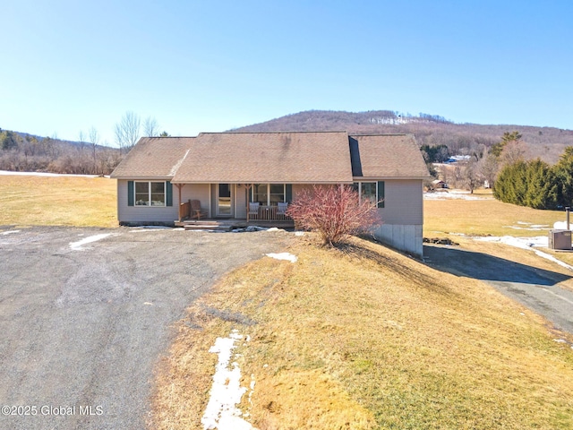 ranch-style home with a front lawn, covered porch, and driveway