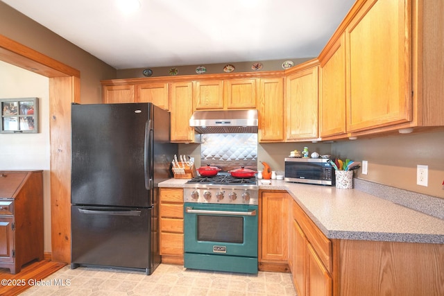 kitchen with under cabinet range hood, appliances with stainless steel finishes, and light countertops