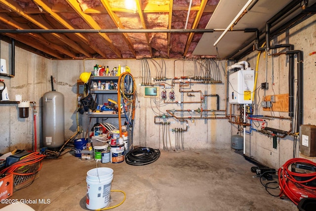 unfinished basement featuring water heater