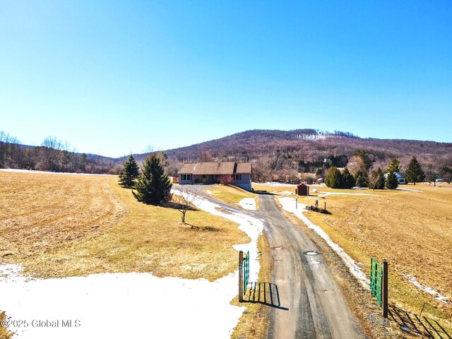 view of street featuring a rural view, a mountain view, and driveway