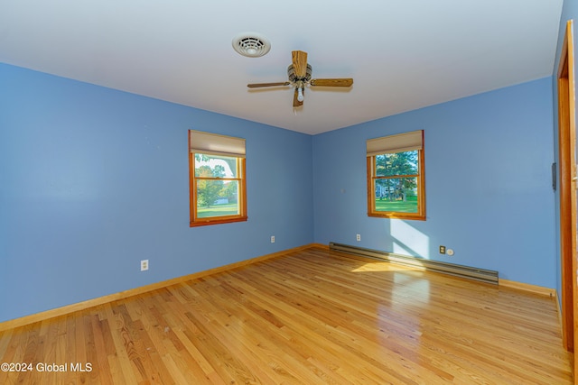 spare room with visible vents, a healthy amount of sunlight, baseboard heating, and ceiling fan