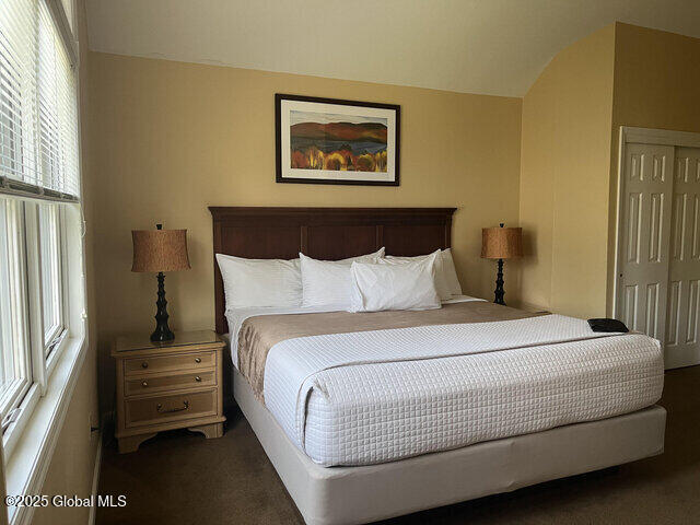 bedroom featuring a closet, vaulted ceiling, and carpet floors