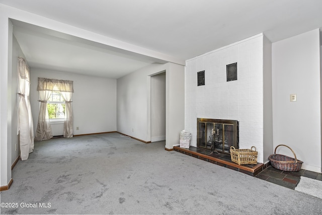 68 Wemple Rd, Bethlehem, NY 12054 - unfurnished living room with carpet flooring, a large fireplace, and baseboards