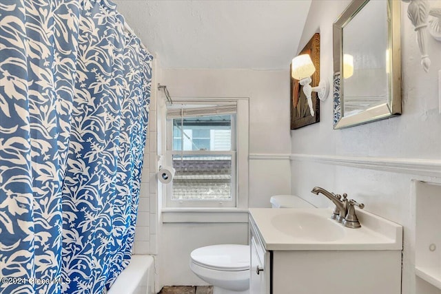 bathroom featuring toilet, vanity, and shower / tub combination