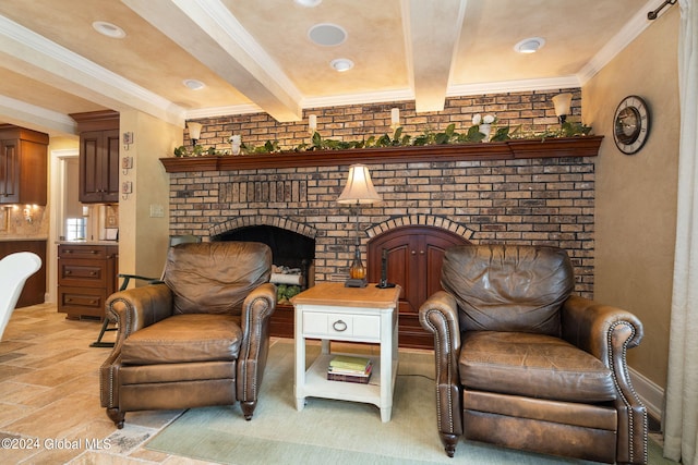 living room with beamed ceiling, a fireplace, and ornamental molding