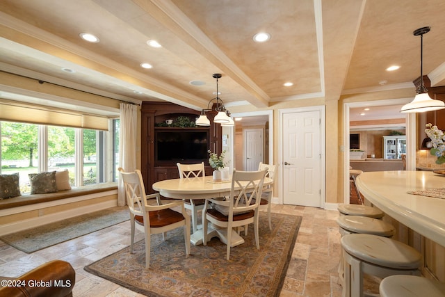 dining space with stone tile flooring, recessed lighting, baseboards, and ornamental molding