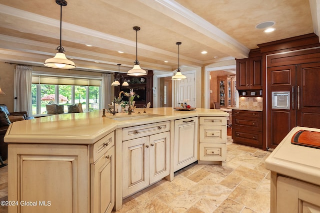 kitchen with light countertops, beamed ceiling, pendant lighting, and ornamental molding