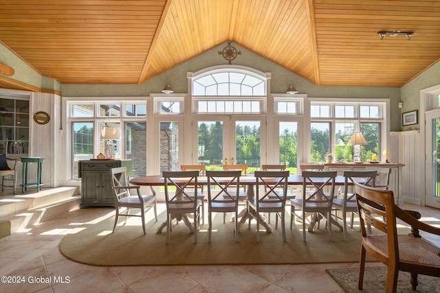 sunroom featuring lofted ceiling, a healthy amount of sunlight, and wooden ceiling