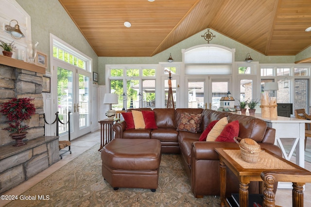 living room featuring french doors, high vaulted ceiling, and wooden ceiling