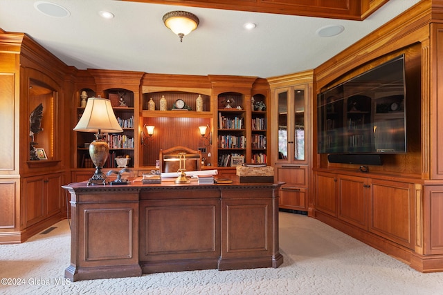 office space featuring light carpet, visible vents, and recessed lighting