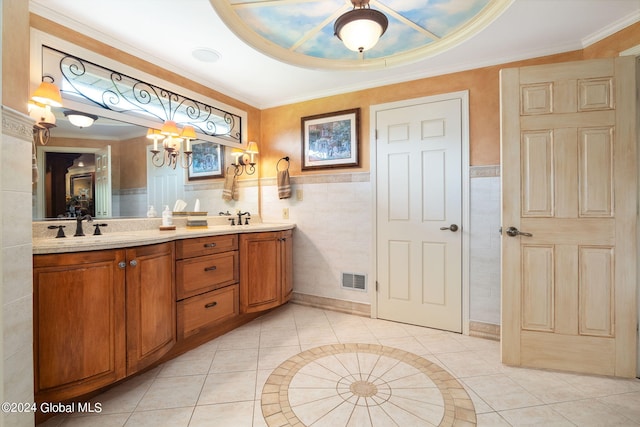 bathroom featuring a sink, tile walls, tile patterned floors, and a chandelier