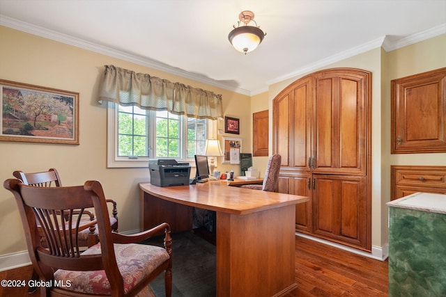 office with baseboards, dark wood-style flooring, and crown molding