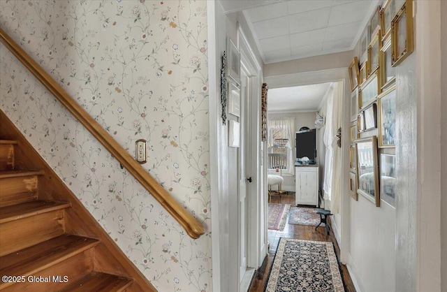 hall with wallpapered walls, crown molding, stairway, and dark wood-style floors