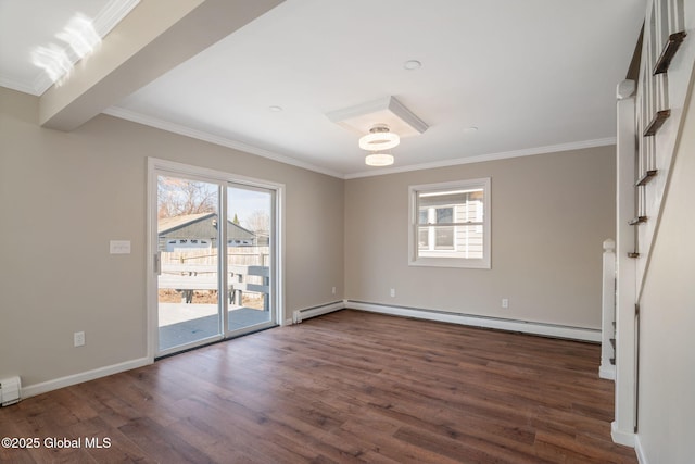 unfurnished room with a healthy amount of sunlight, a baseboard heating unit, and dark wood-type flooring