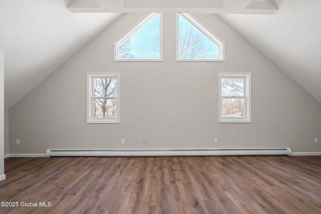 additional living space with vaulted ceiling, wood finished floors, and baseboard heating