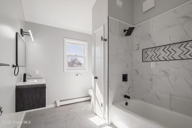 bathroom with tub / shower combination, a baseboard heating unit, toilet, marble finish floor, and vanity