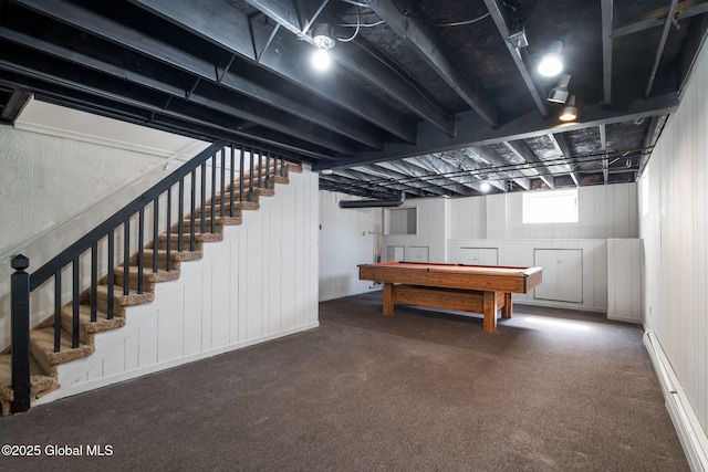 recreation room with carpet flooring and pool table