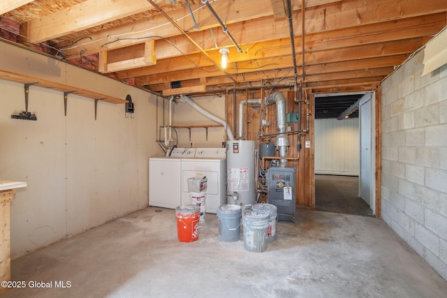 unfinished below grade area featuring washer and dryer, concrete block wall, and water heater