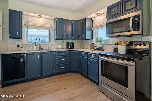 kitchen with backsplash, stainless steel appliances, blue cabinets, and a sink