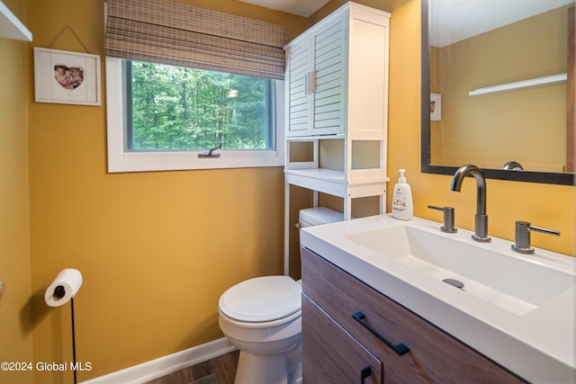 bathroom with toilet, vanity, baseboards, and wood finished floors