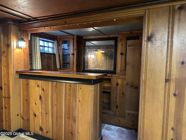 bar with wood walls and a dry bar