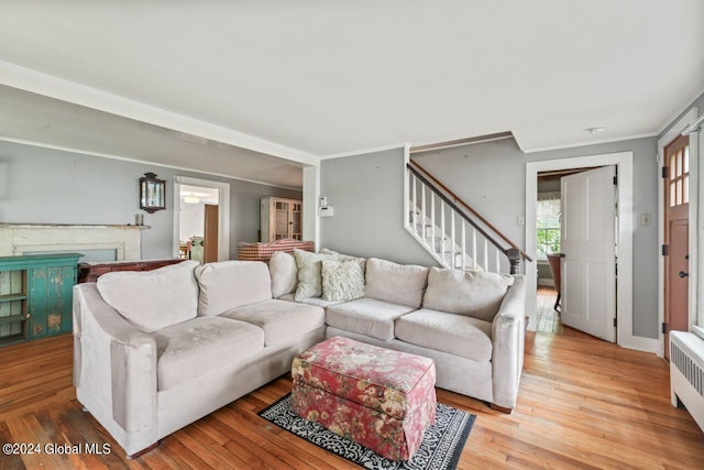 living room featuring radiator heating unit, stairway, light wood-style flooring, and crown molding