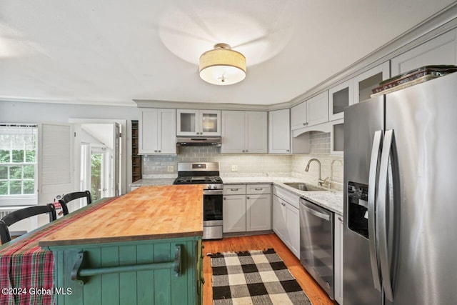 kitchen featuring wooden counters, a sink, under cabinet range hood, appliances with stainless steel finishes, and backsplash