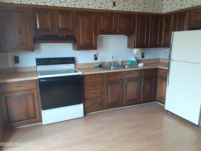 kitchen with light countertops, under cabinet range hood, a sink, range with electric stovetop, and freestanding refrigerator