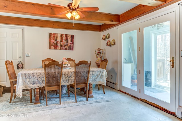 dining room with a baseboard heating unit, beam ceiling, and a ceiling fan